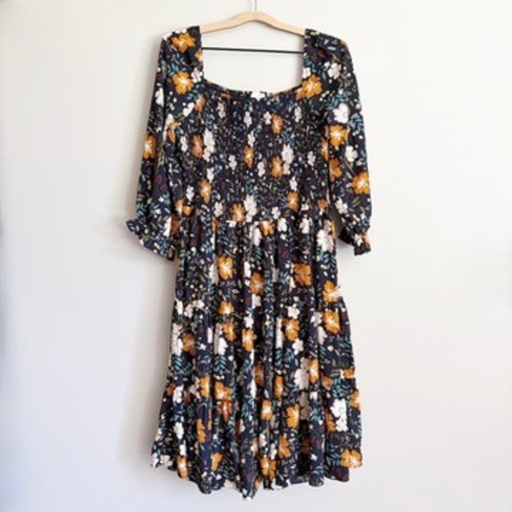 Baltic Born Navy Floral Smocked Tiered Dress XL Square Neck Boho Cottagecore